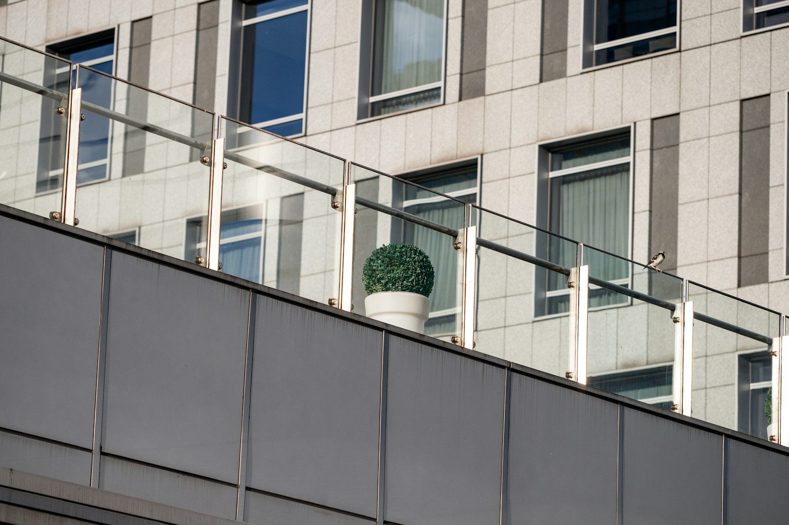 Barandilla de vidrio con postes metálicos en una terraza